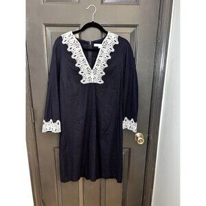 Preston & York Navy White Dress Lace Trim V-Neck 3/4 Sleeve Size 6 Cottage Core